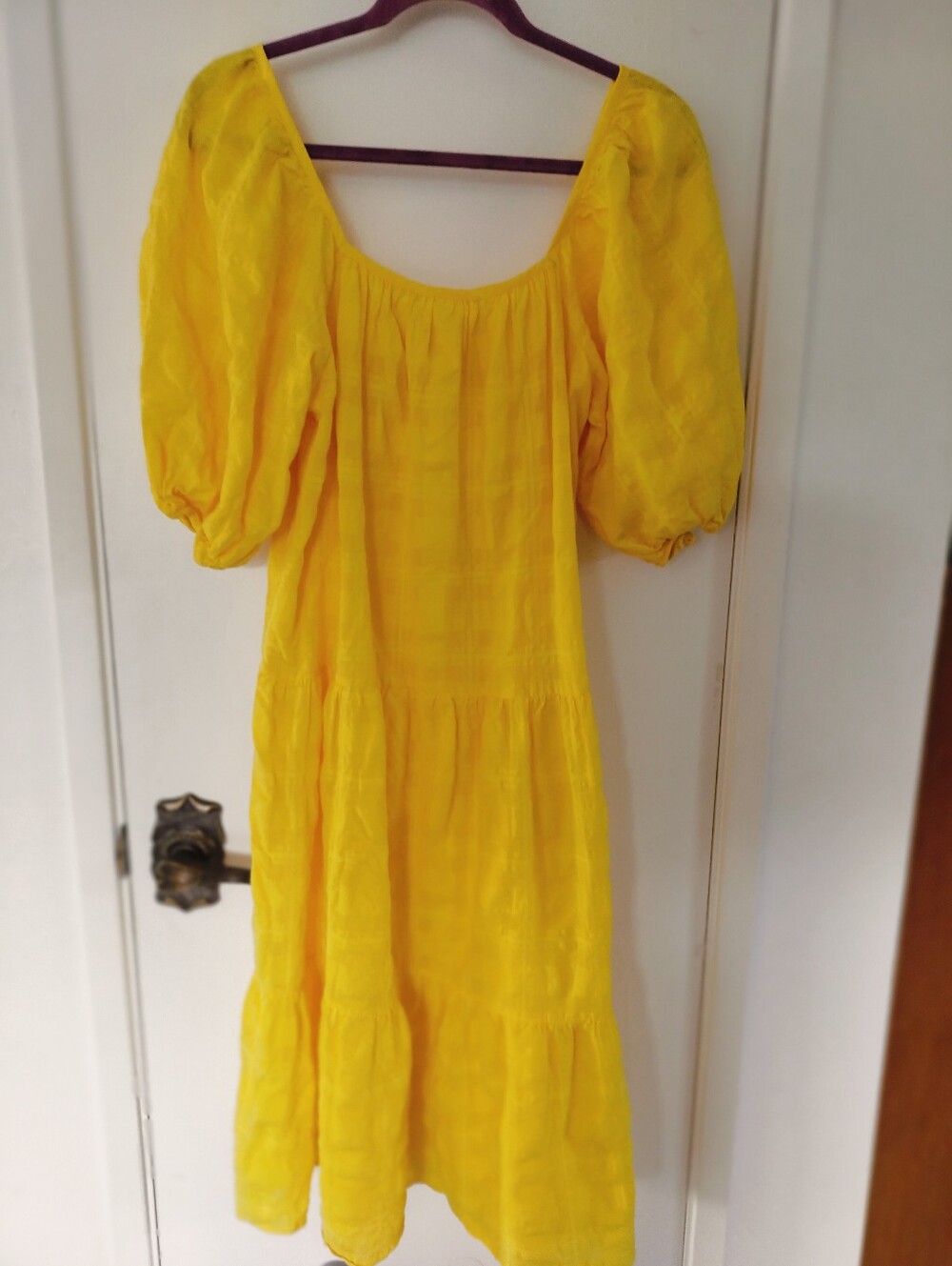 Solid & Striped Yellow Checkered Puff Sleeve Tiered Midi Dress Size Medium